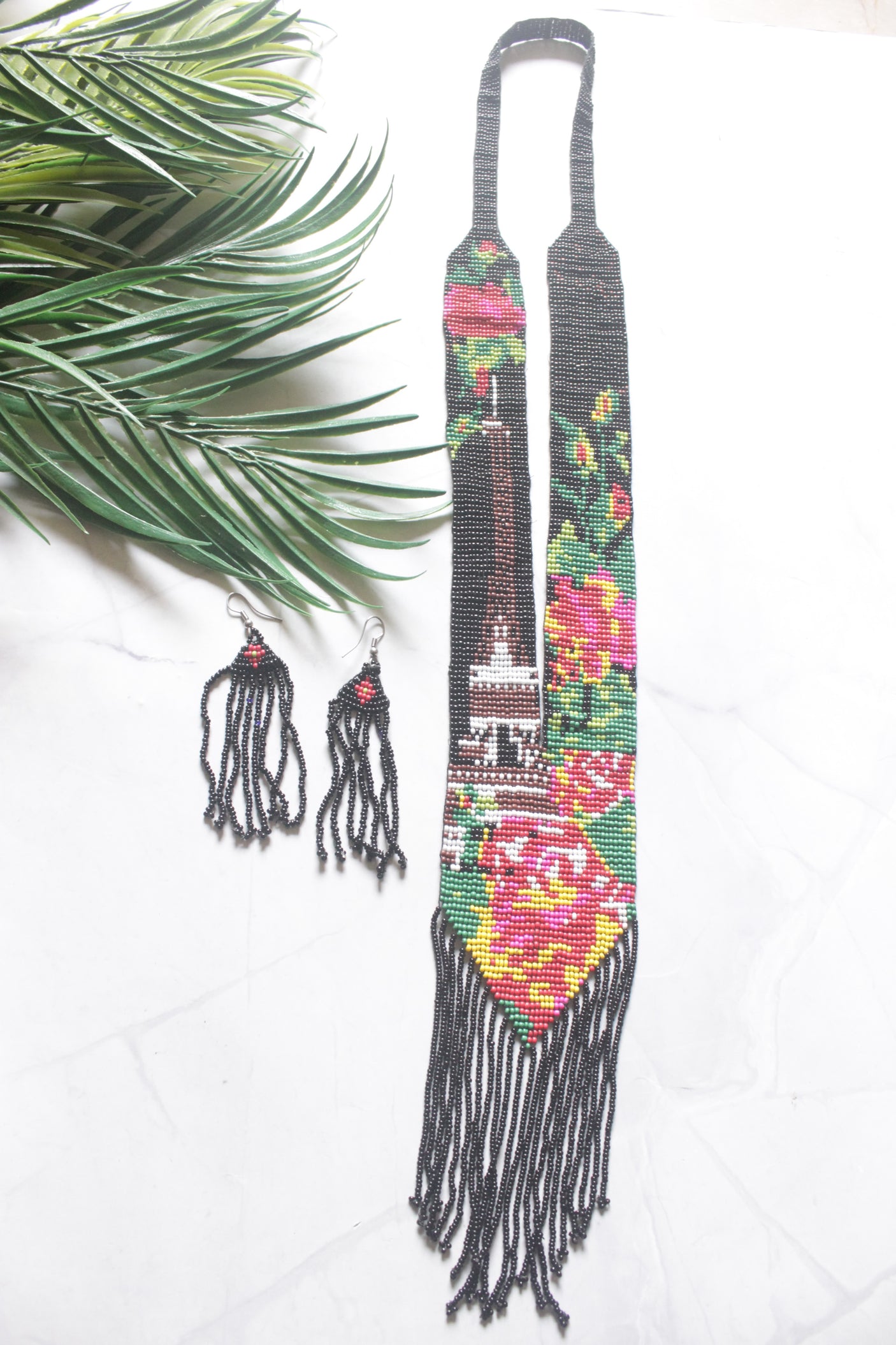 Black and Multi-Color Hand Beaded Long Necklace Set