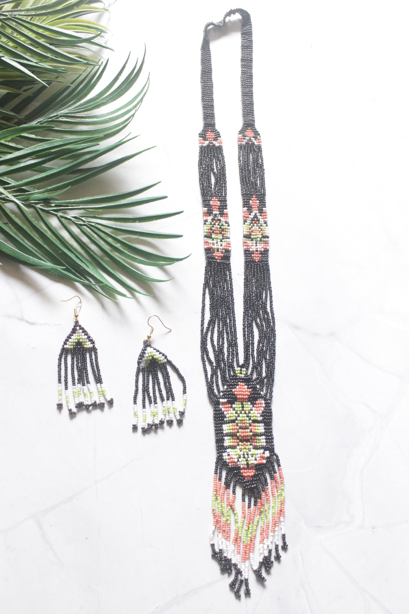 Black and Multi-Color Hand Beaded Long Necklace Set