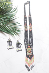 Black and Multi-Color Hand Beaded Long Necklace Set