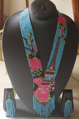 Blue and Pink Hand Beaded Long Necklace Set