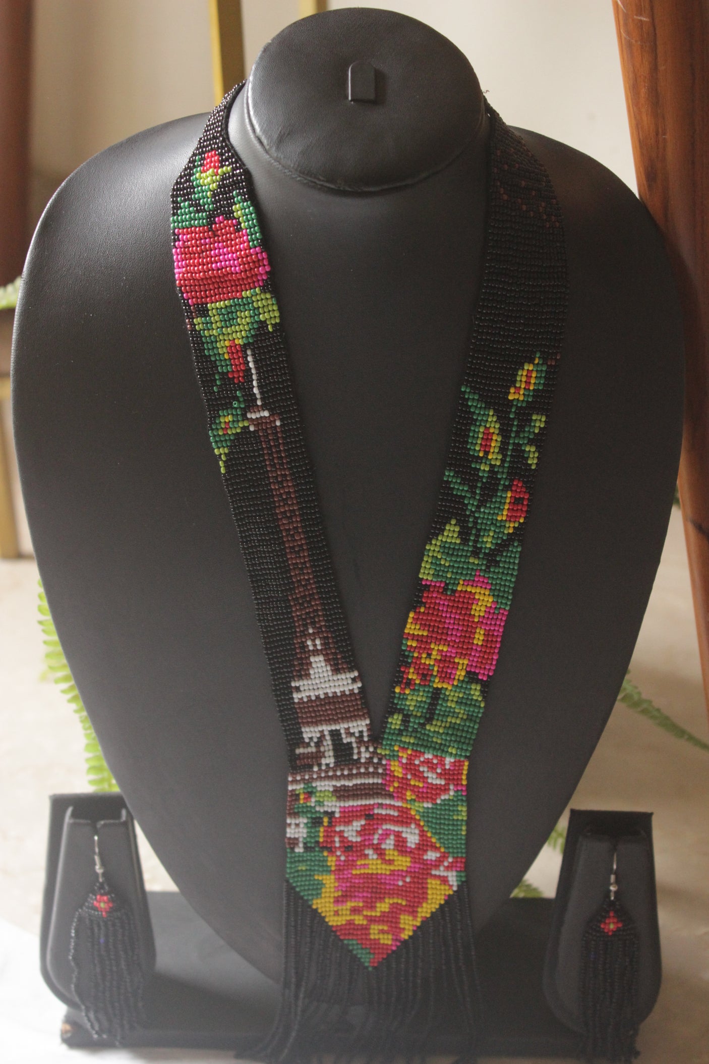 Black and Multi-Color Hand Beaded Long Necklace Set