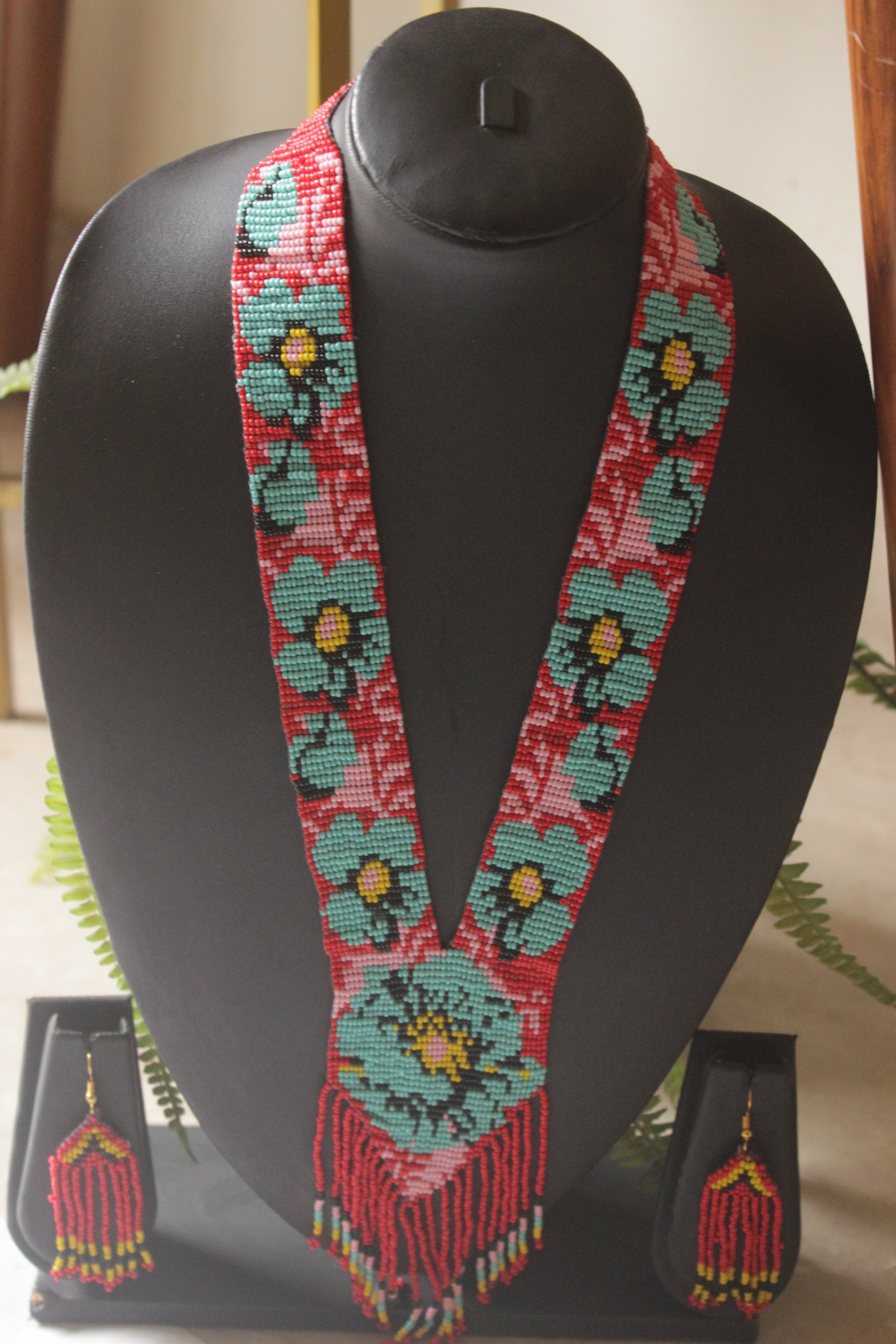 Red and Blue Hand Beaded Long Necklace Set