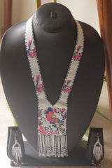 White and Multi-Color Hand Beaded Long Necklace Set