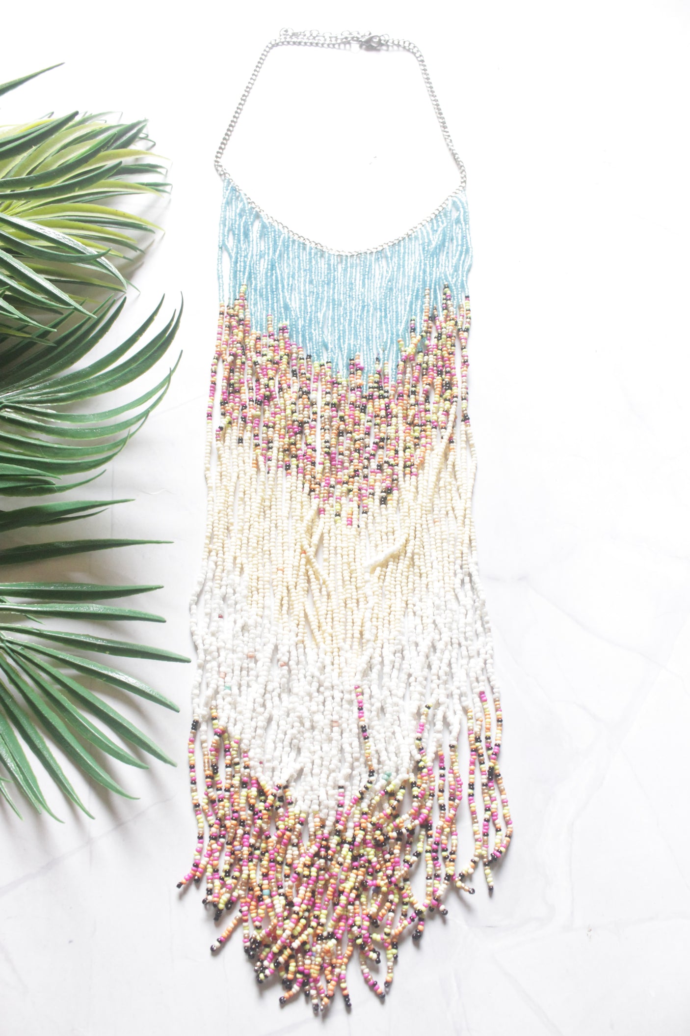 Colour Block Pastel Colors Ombre Seed Bead Long Fringe Waterfall Necklace