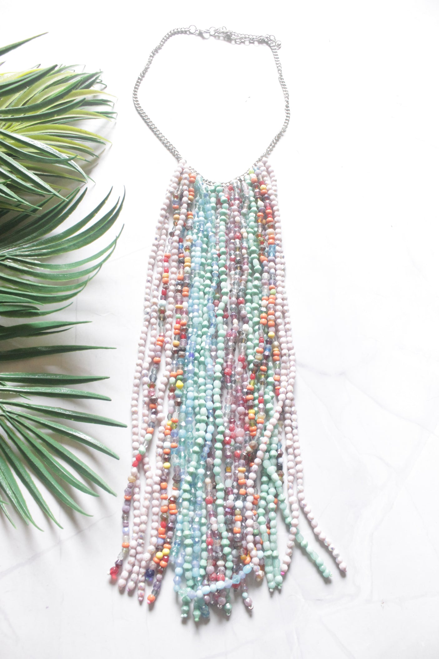 Multi-Color Seed Bead Long Fringe Waterfall Necklace