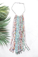 Multi-Color Seed Bead Long Fringe Waterfall Necklace