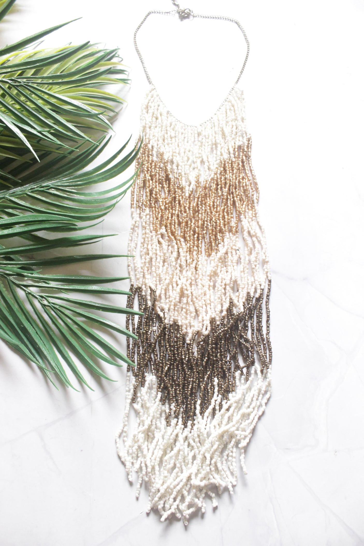 Bronze and Gold Seed Bead Long Fringe Waterfall Necklace