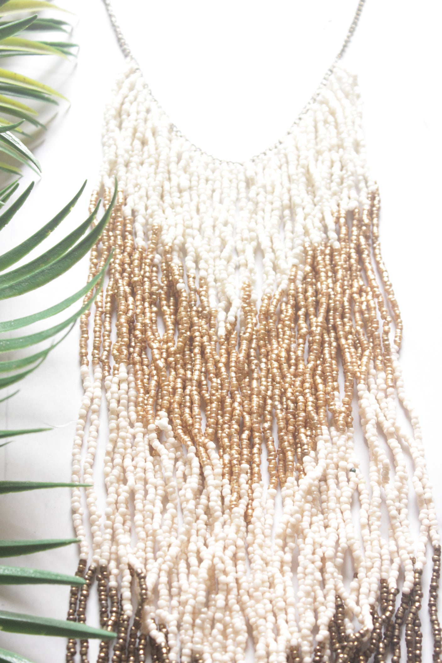 Bronze and Gold Seed Bead Long Fringe Waterfall Necklace