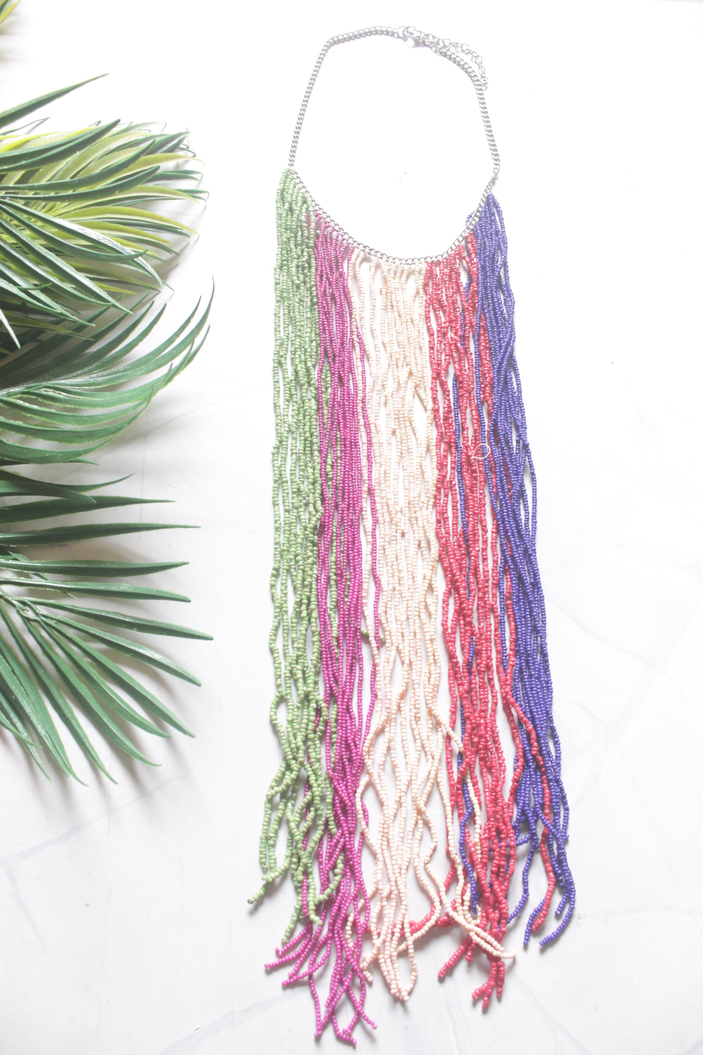 Vibrant Multi-Color Seed Beads Long Fringe Waterfall Necklace