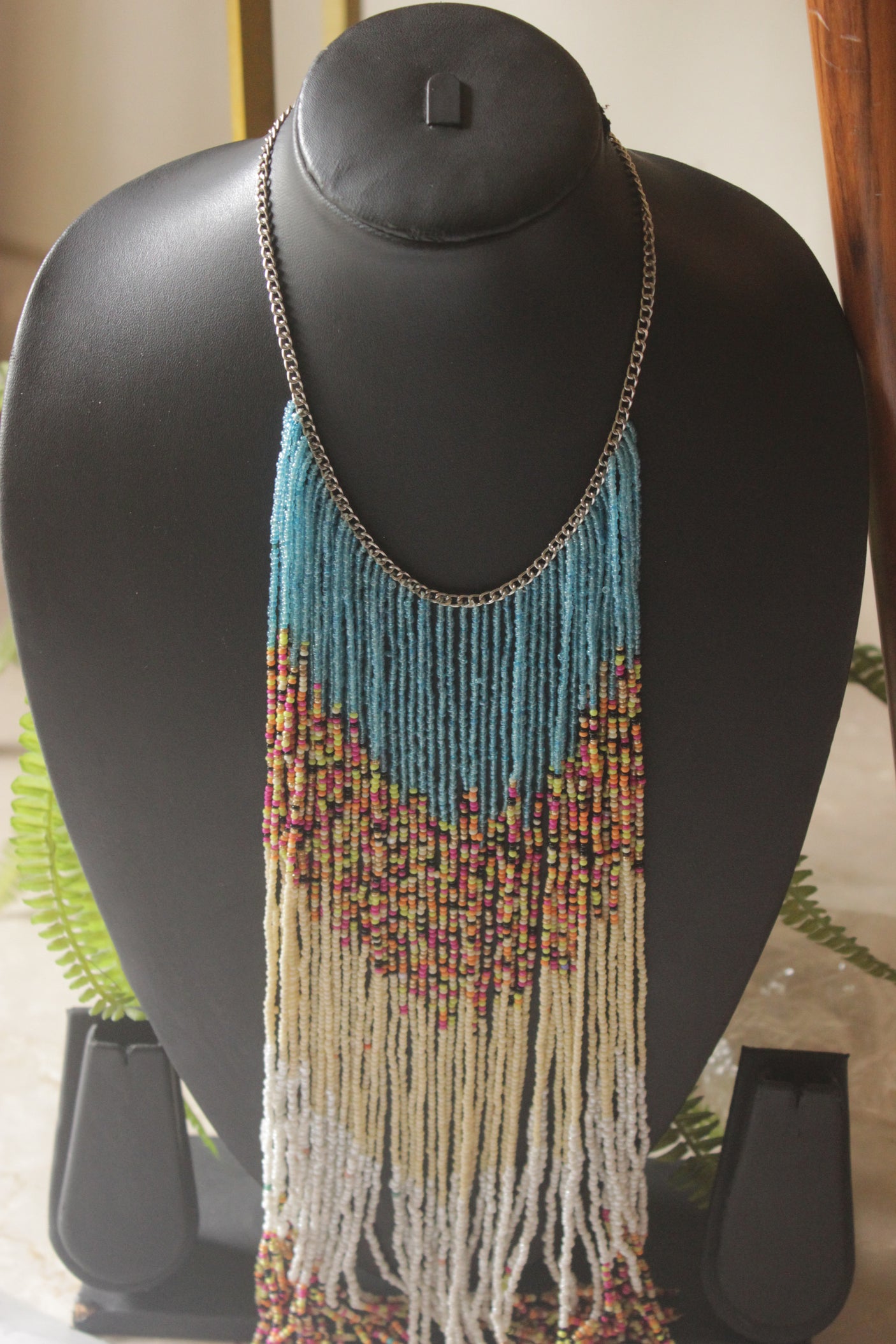 Colour Block Pastel Colors Ombre Seed Bead Long Fringe Waterfall Necklace