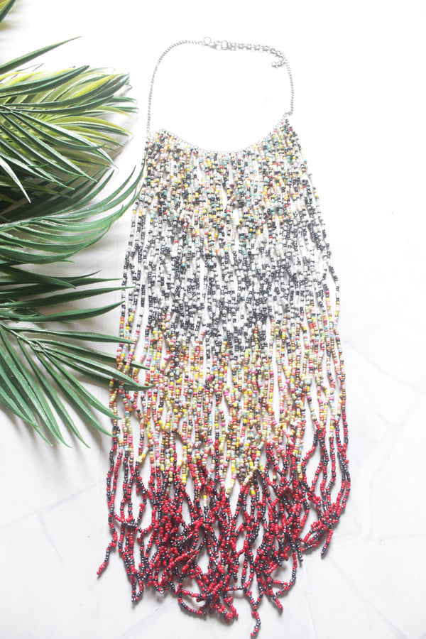 Multi-Color Seed Beads Long Fringe Waterfall Necklace