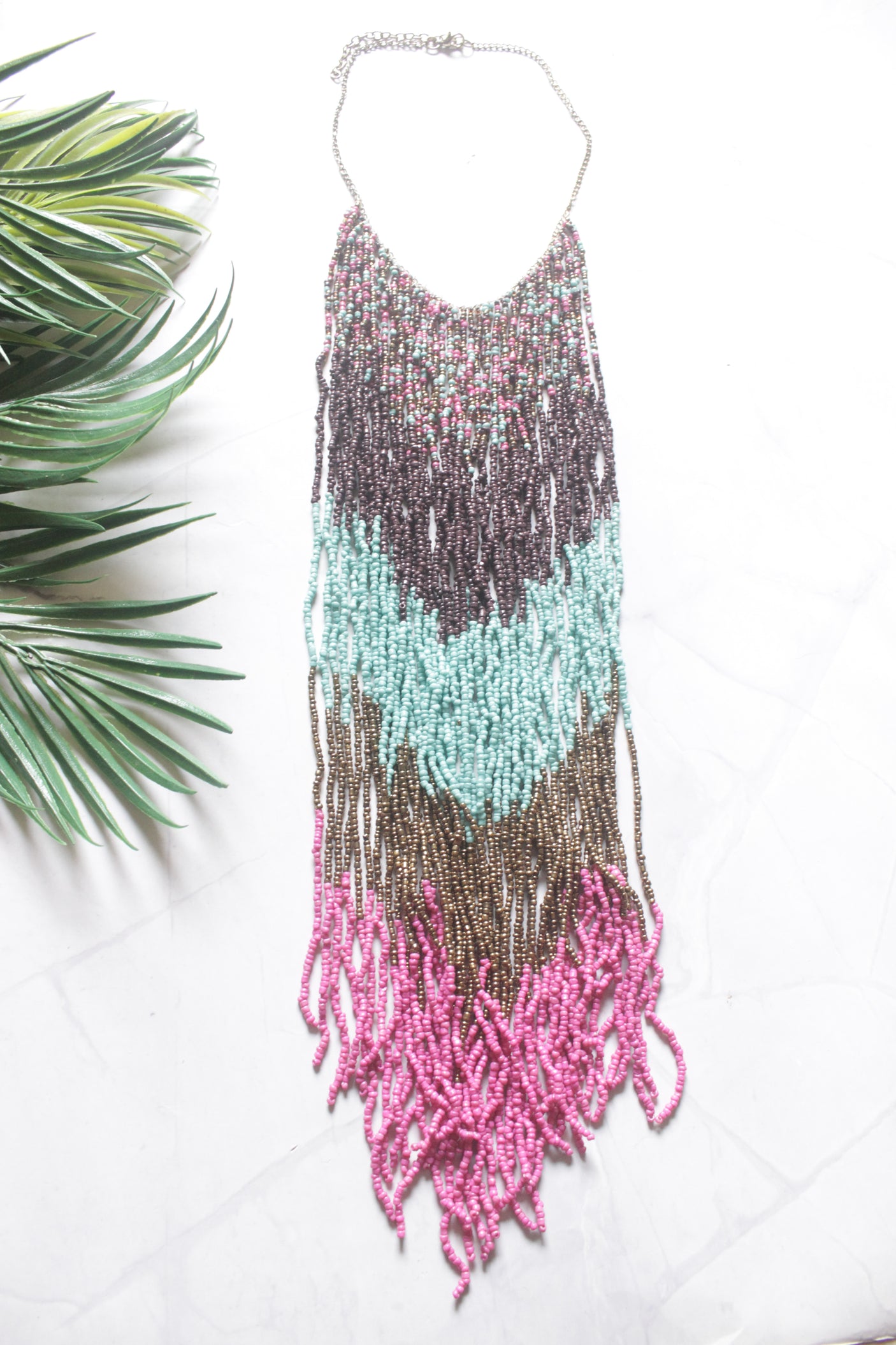 Color Blocked Multi-Color Seed Beads Long Fringe Waterfall Necklace