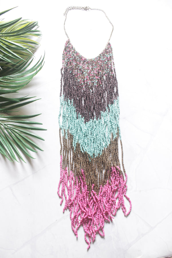 Color Blocked Multi-Color Seed Beads Long Fringe Waterfall Necklace