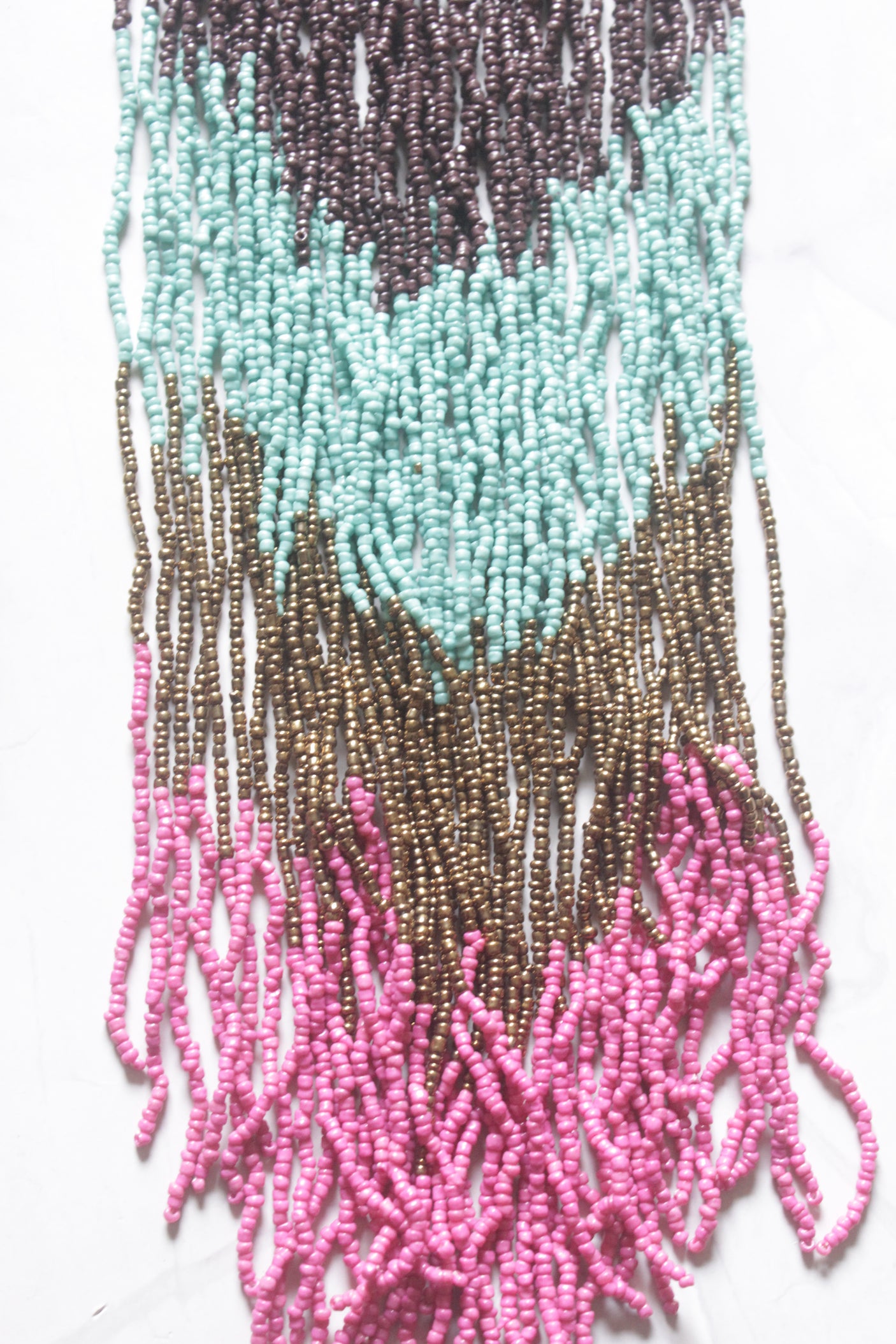 Color Blocked Multi-Color Seed Beads Long Fringe Waterfall Necklace