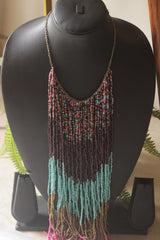 Color Blocked Multi-Color Seed Beads Long Fringe Waterfall Necklace