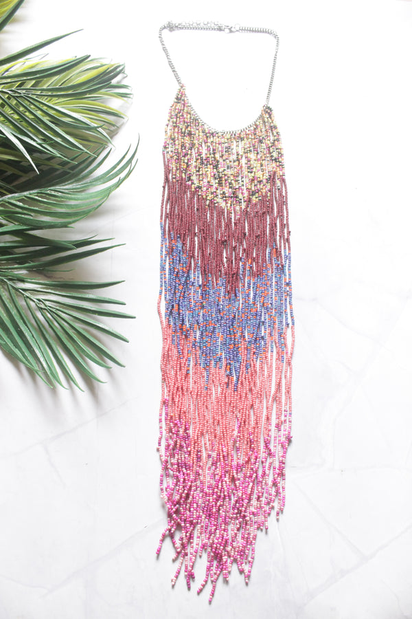 Color Blocked Multi-Color Seed Beads Long Fringe Waterfall Necklace