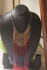 Color Blocked Multi-Color Seed Beads Long Fringe Waterfall Necklace