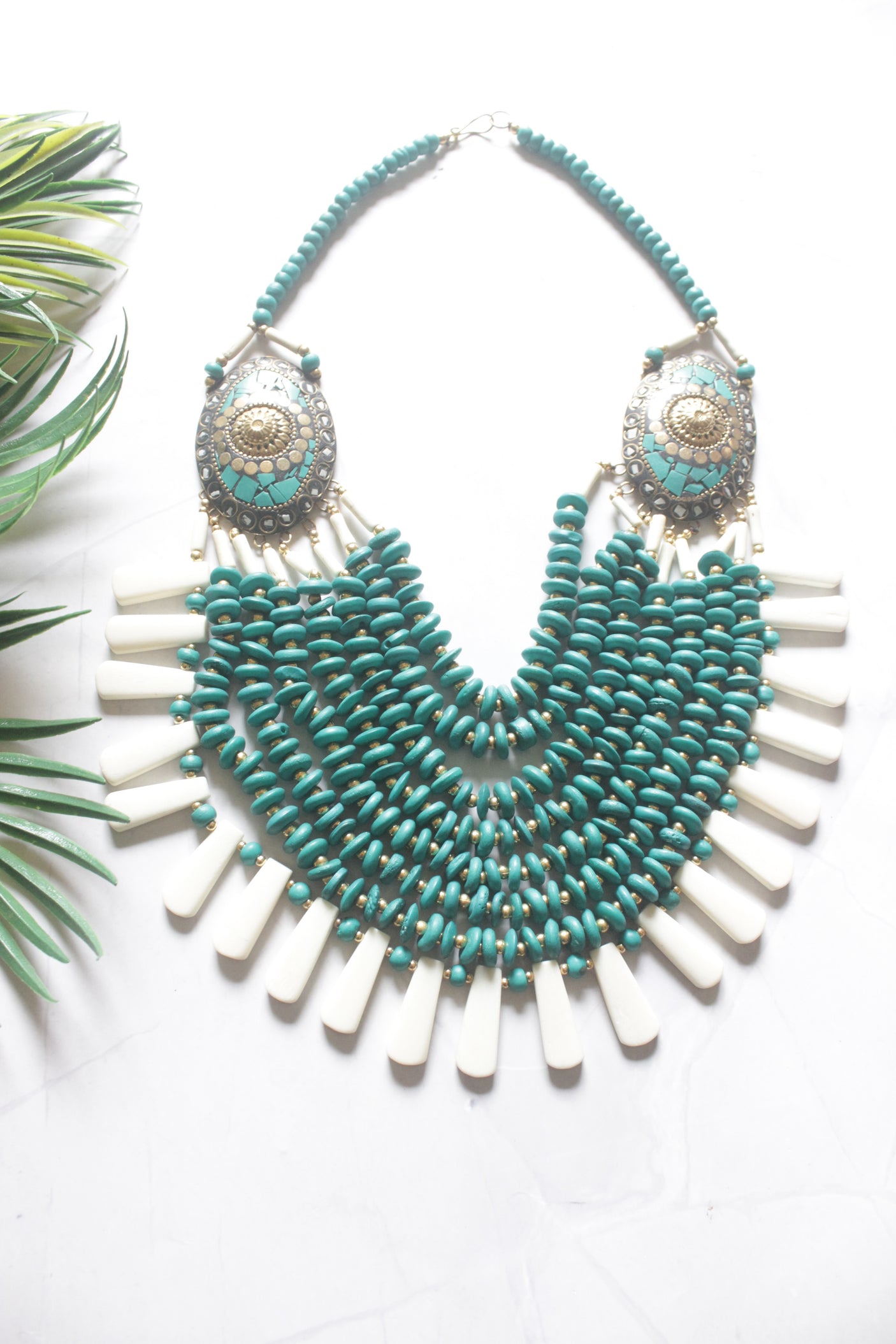 Turquoise and Off-White Bone Beads Quirky Statement Necklace