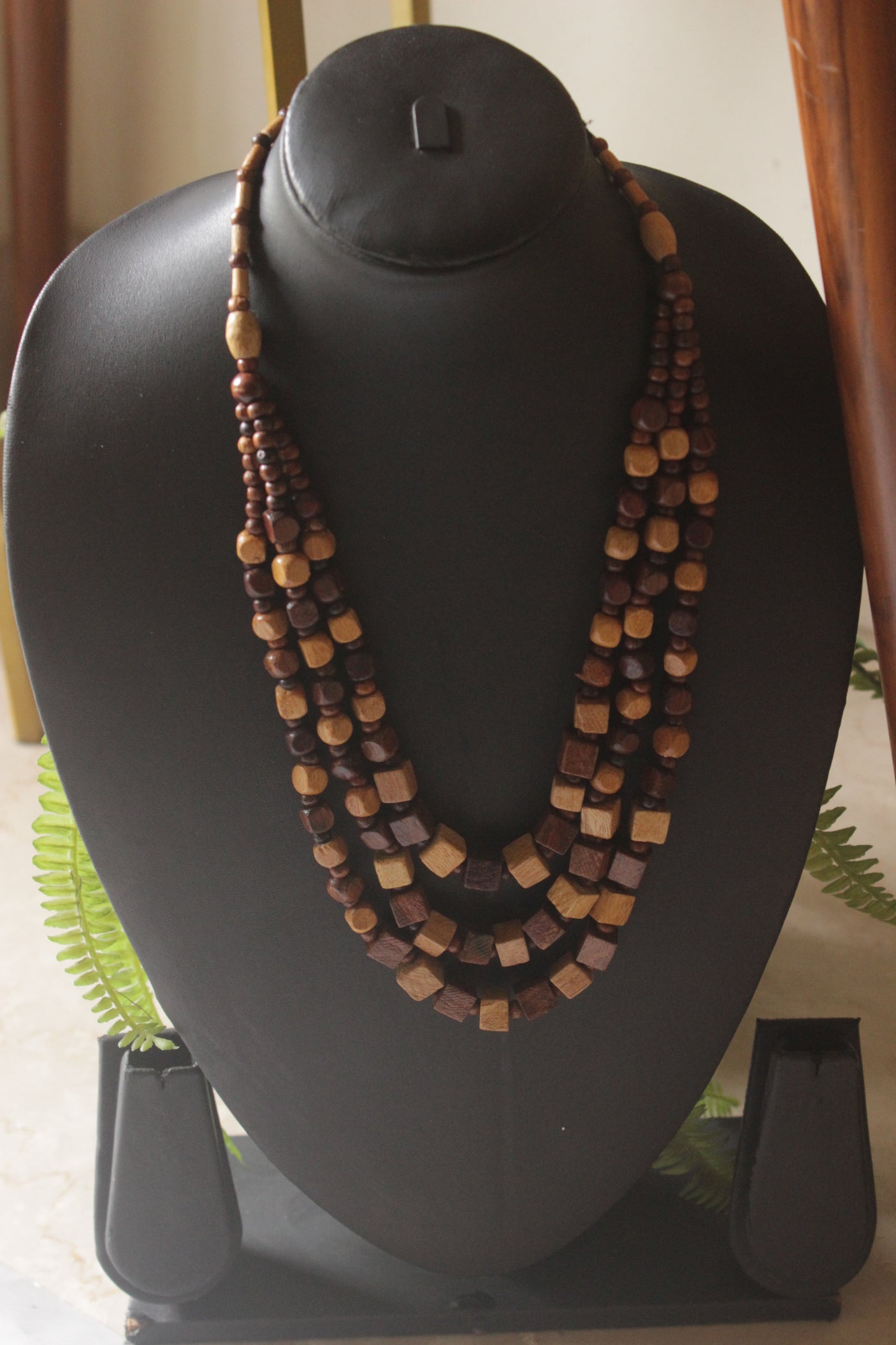 Shades of Brown Wooden Beads 3 Layer Handmade Necklace