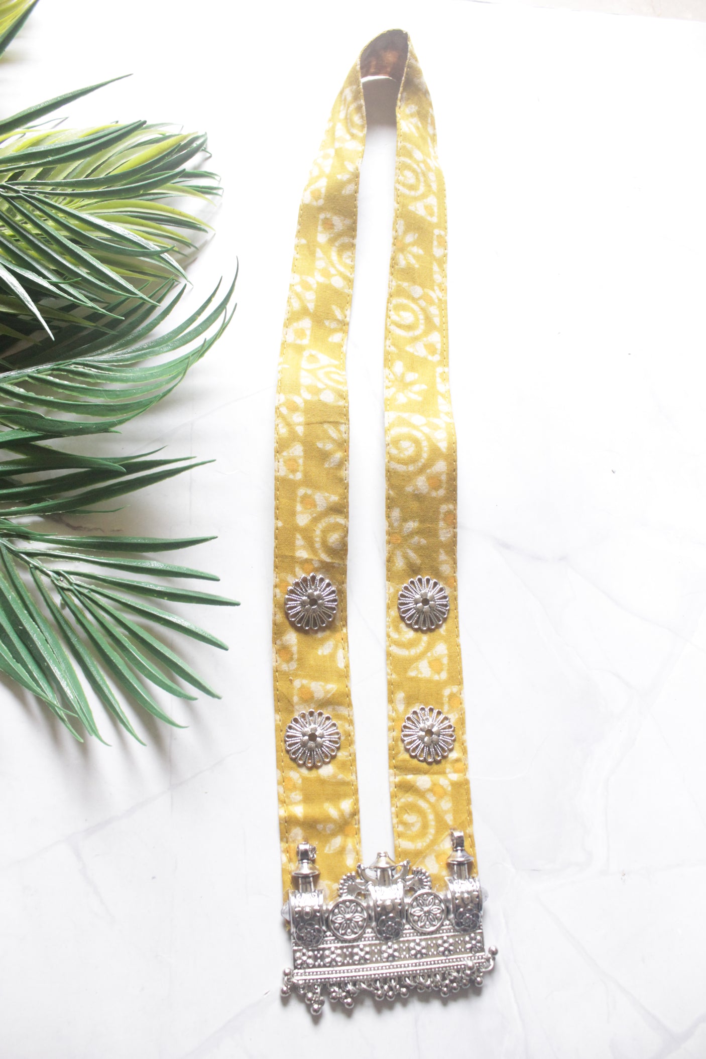 Yellow Bandhani Fabric Necklace with Oxidised Silver Temple Pendant