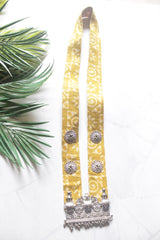 Yellow Bandhani Fabric Necklace with Oxidised Silver Temple Pendant