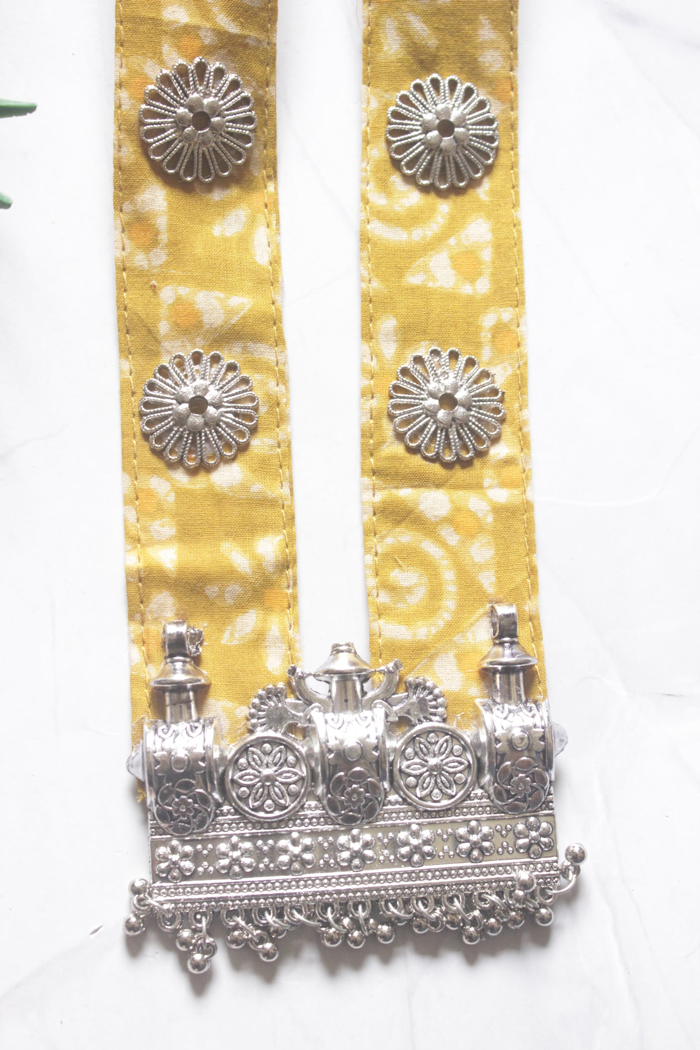 Yellow Bandhani Fabric Necklace with Oxidised Silver Temple Pendant
