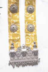 Yellow Bandhani Fabric Necklace with Oxidised Silver Temple Pendant