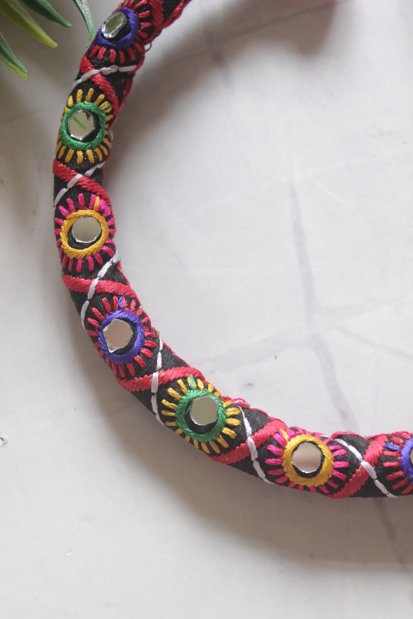 Intricately Hand Embroidered Multi-Color Mirror and Fabric Choker necklace