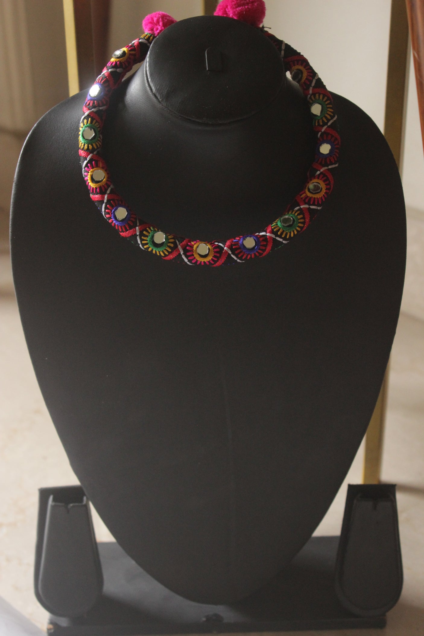 Intricately Hand Embroidered Multi-Color Mirror and Fabric Choker necklace