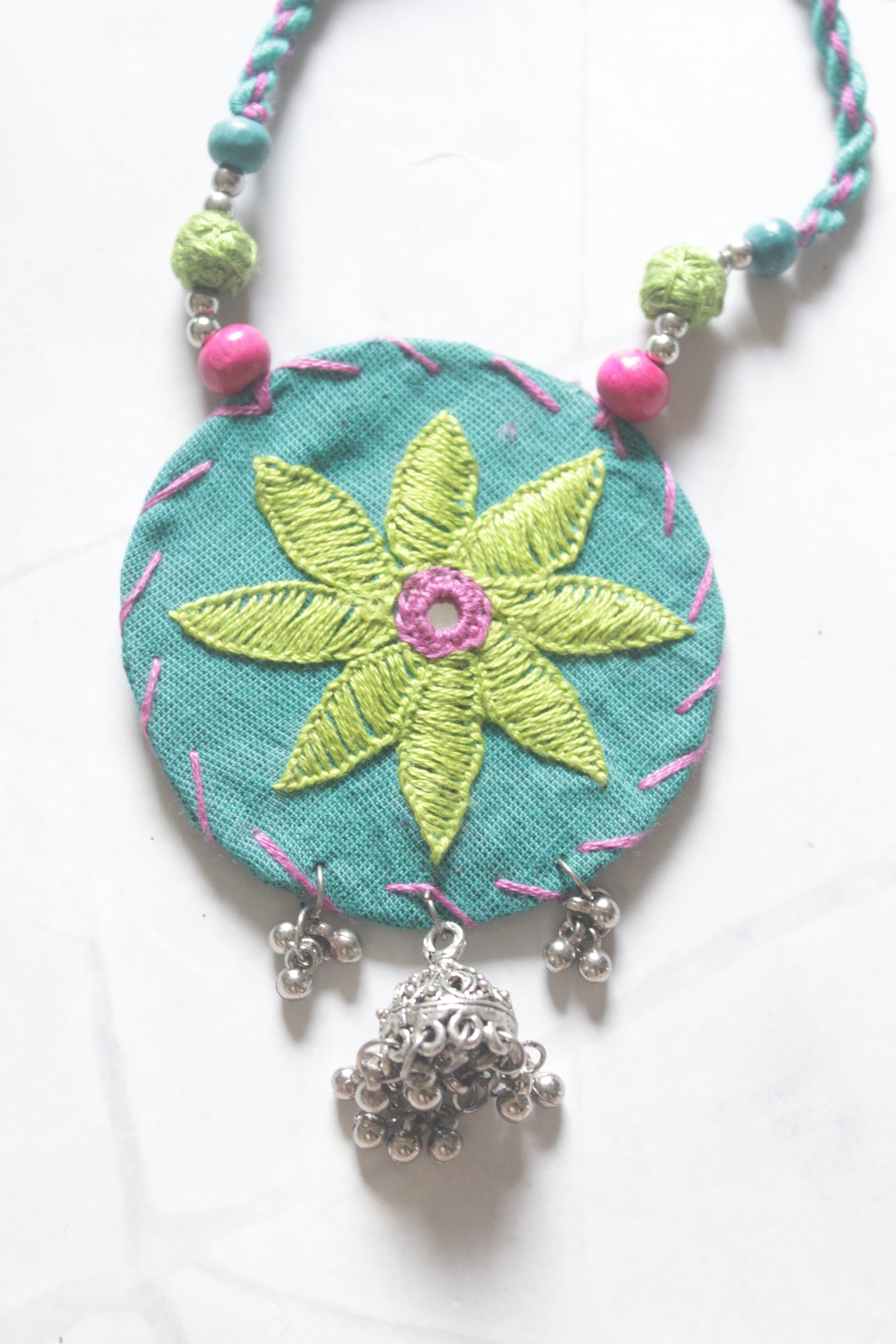 Blue and Green Hand Embroidered Mirror Necklace