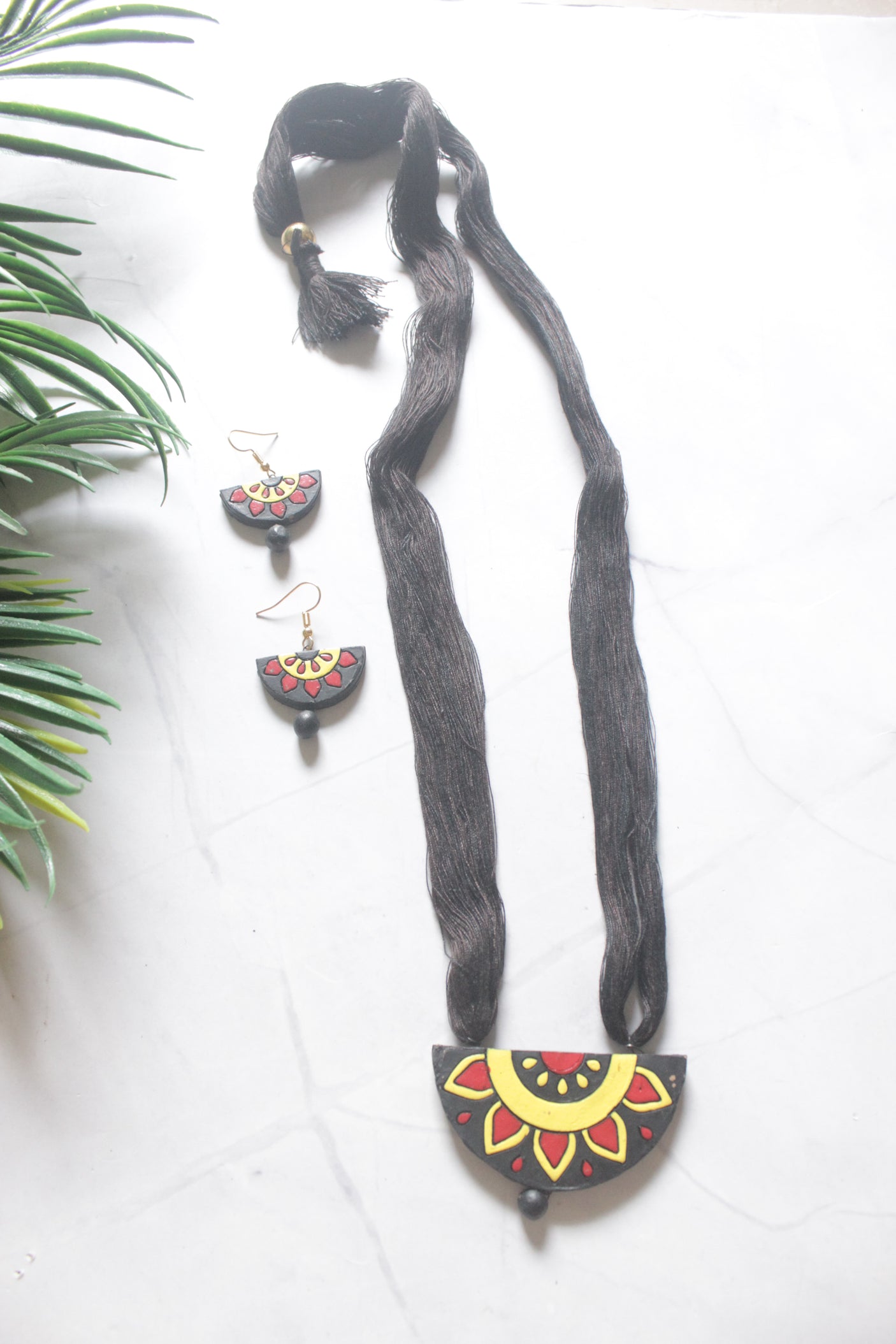 Black Terracotta Clay Sun Mandala Half-Moon Pendant Necklace Set