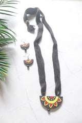 Black Terracotta Clay Sun Mandala Half-Moon Pendant Necklace Set
