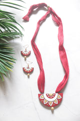 Red Terracotta Clay Sun Mandala Half-Moon Pendant Necklace Set