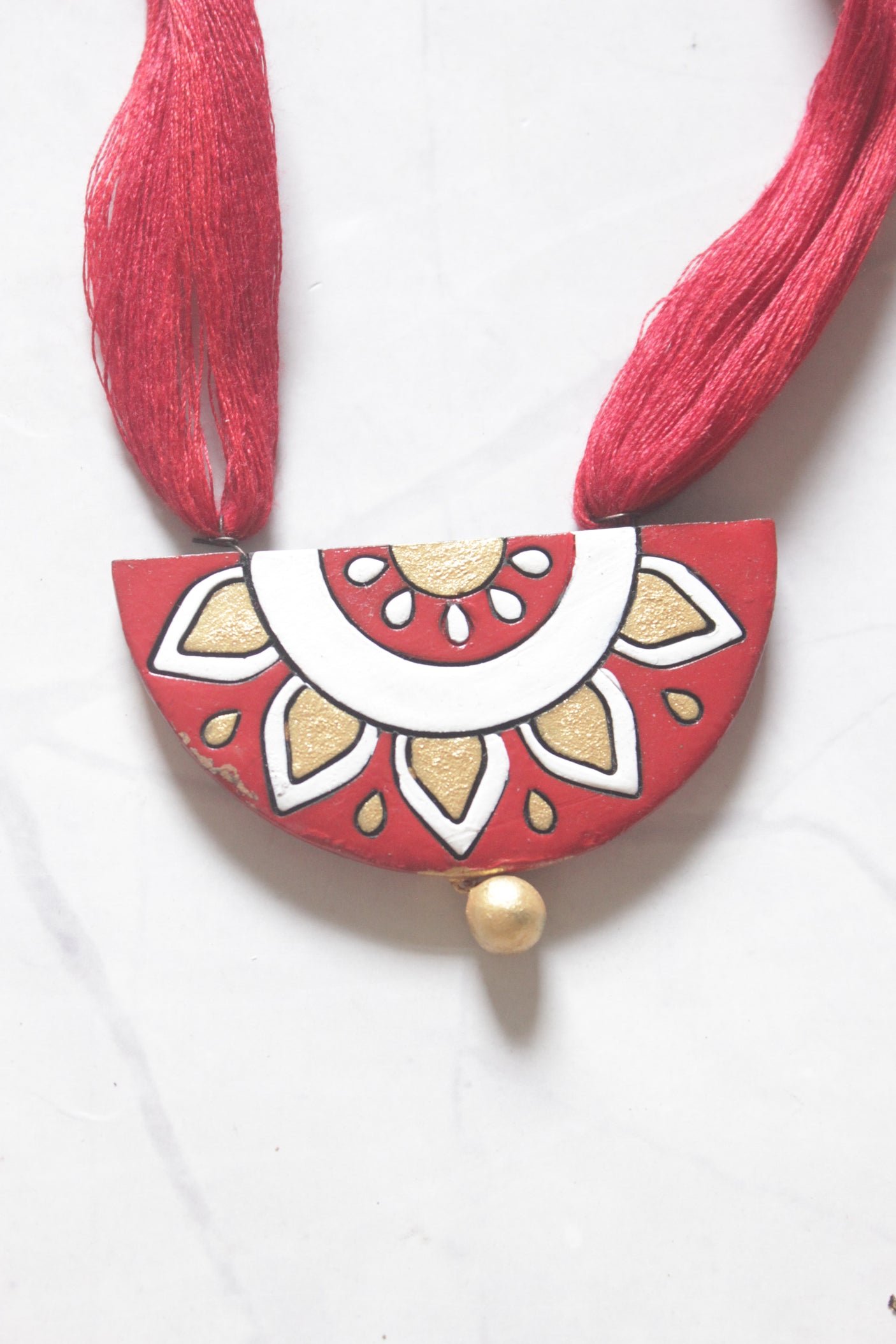 Red Terracotta Clay Sun Mandala Half-Moon Pendant Necklace Set