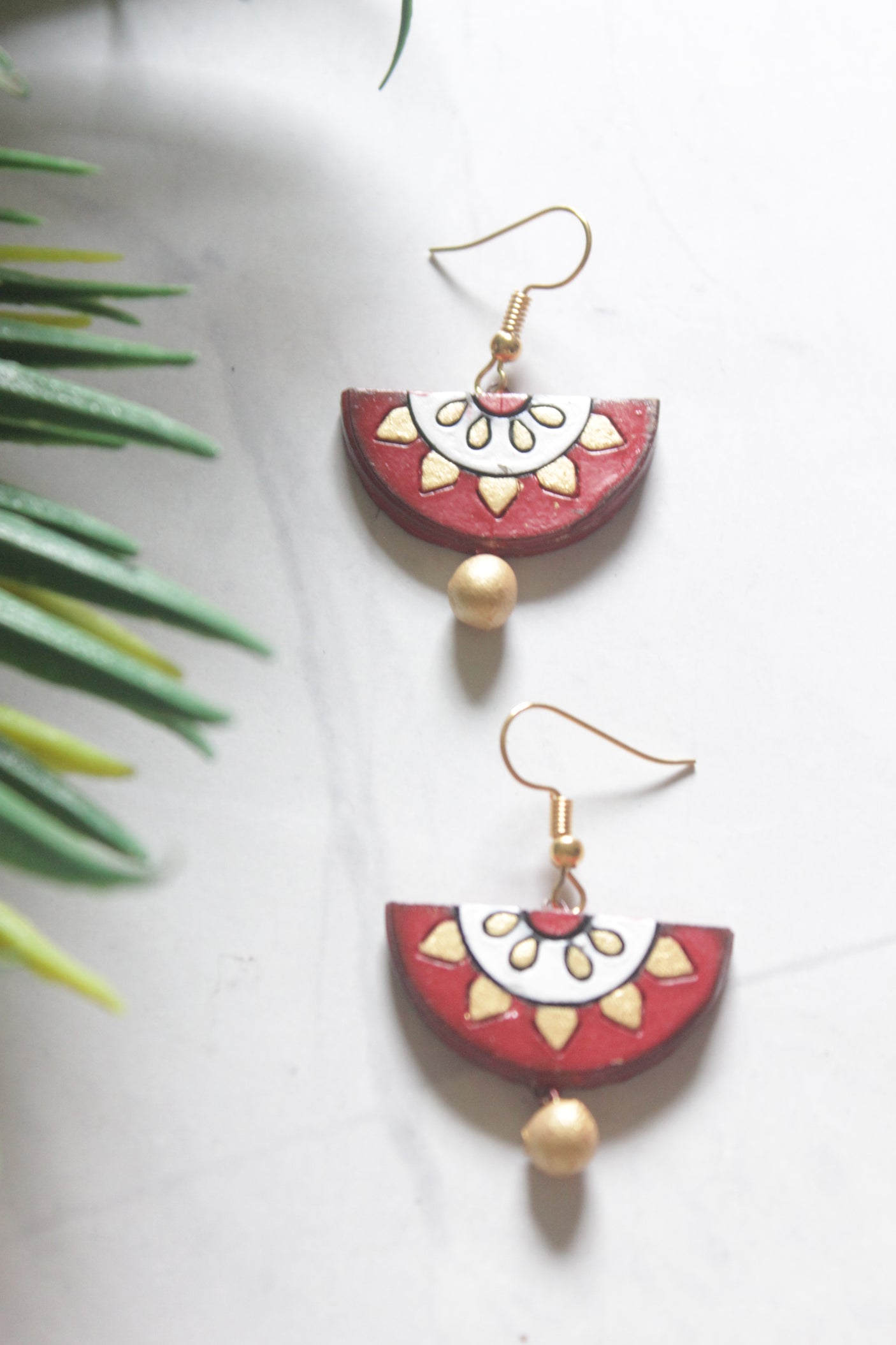 Red Terracotta Clay Sun Mandala Half-Moon Pendant Necklace Set