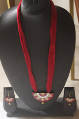 Red Terracotta Clay Sun Mandala Half-Moon Pendant Necklace Set