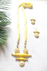 Yellow Terracotta Daisy Flower & Barrel Bead Cross Pendant Necklace Set