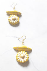 Yellow Terracotta Daisy Flower & Barrel Bead Cross Pendant Necklace Set