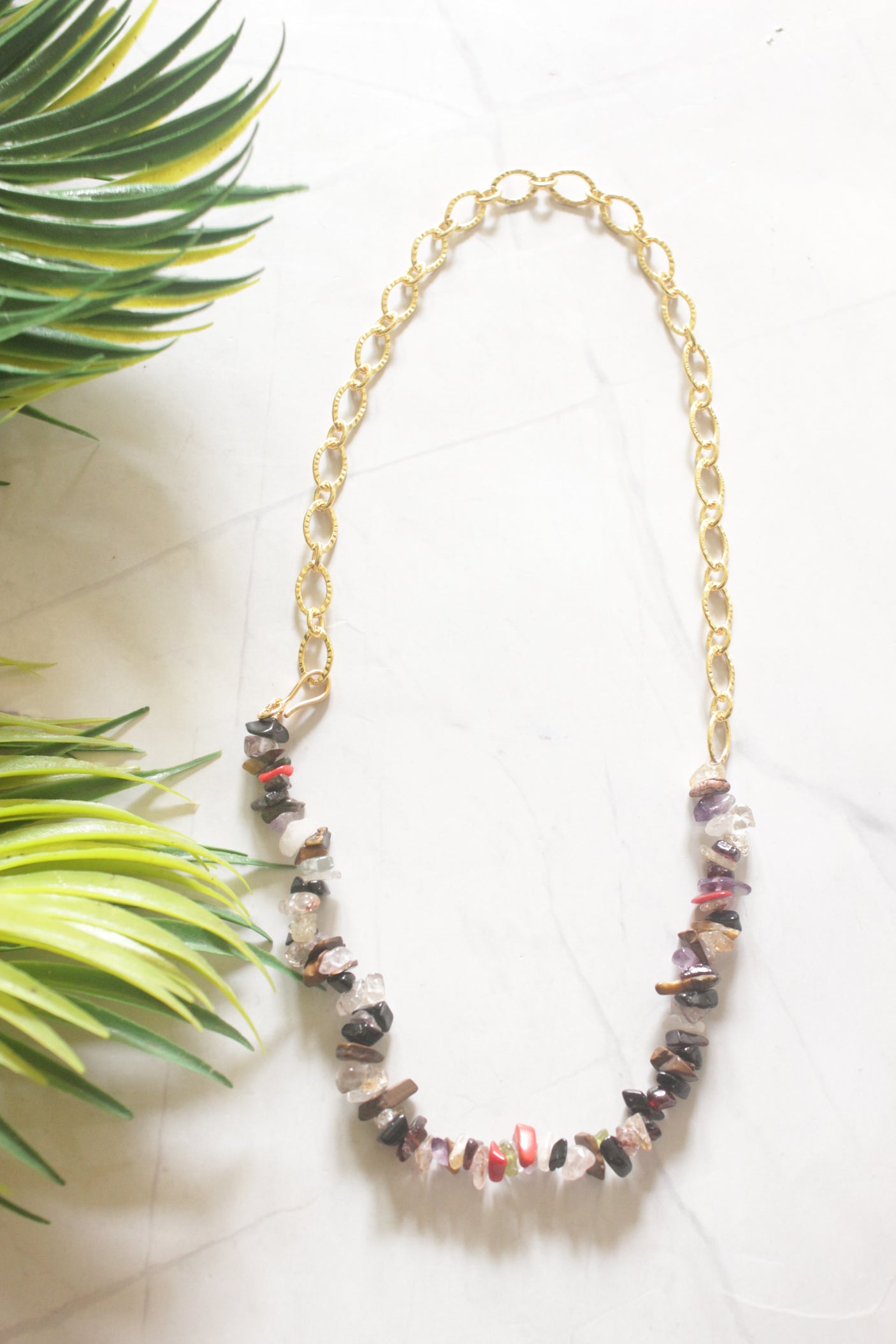 Mixed Raw Gemstone Chips & Gold Oval Link Chain Half & Half Necklace