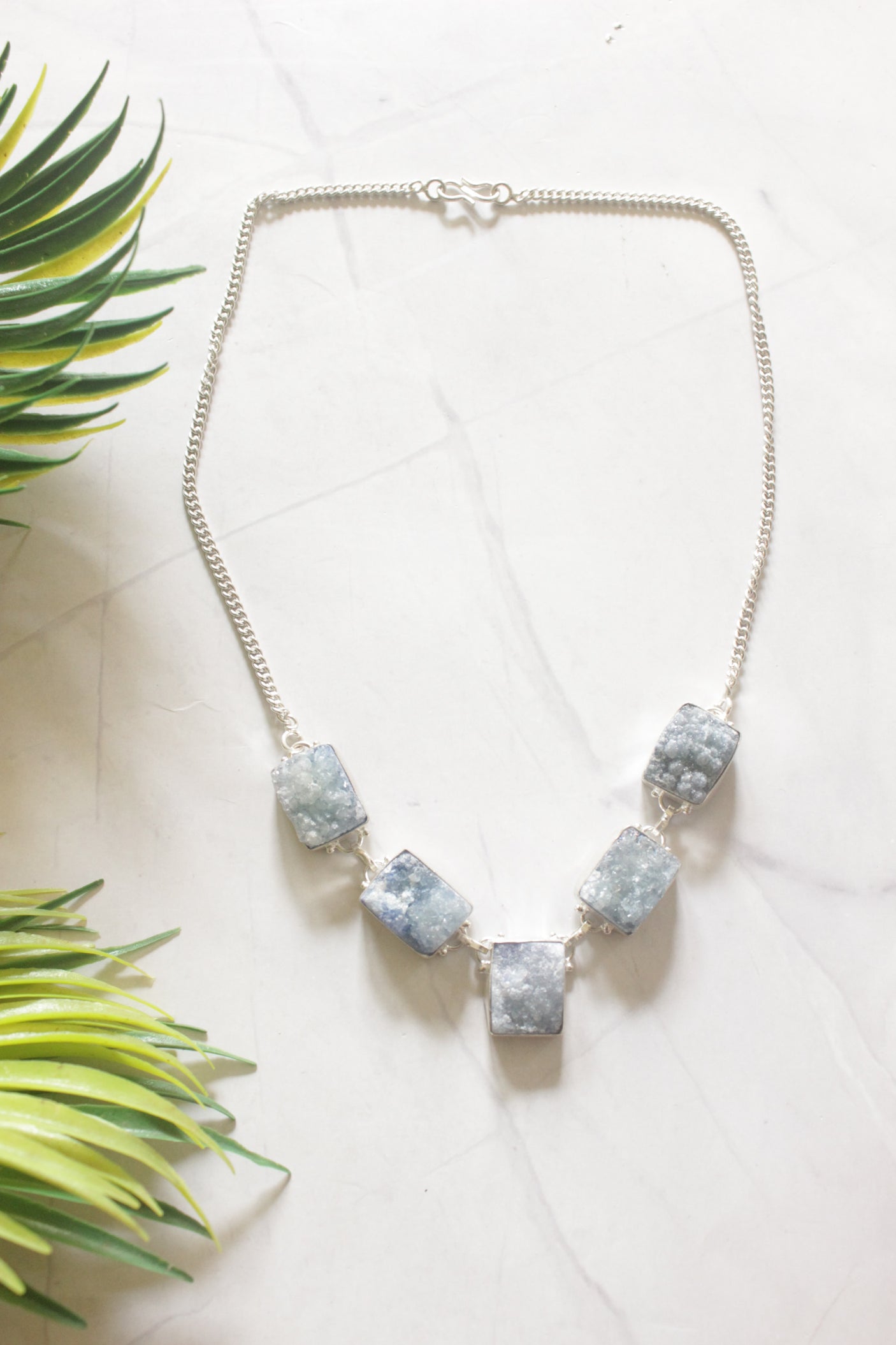 Bluish Grey Raw Sugar Druzy Natural Gemstones Embedded Silver Chain Necklace