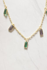 Gold-Toned Emerald and Lavender Crystal Dangle Necklace