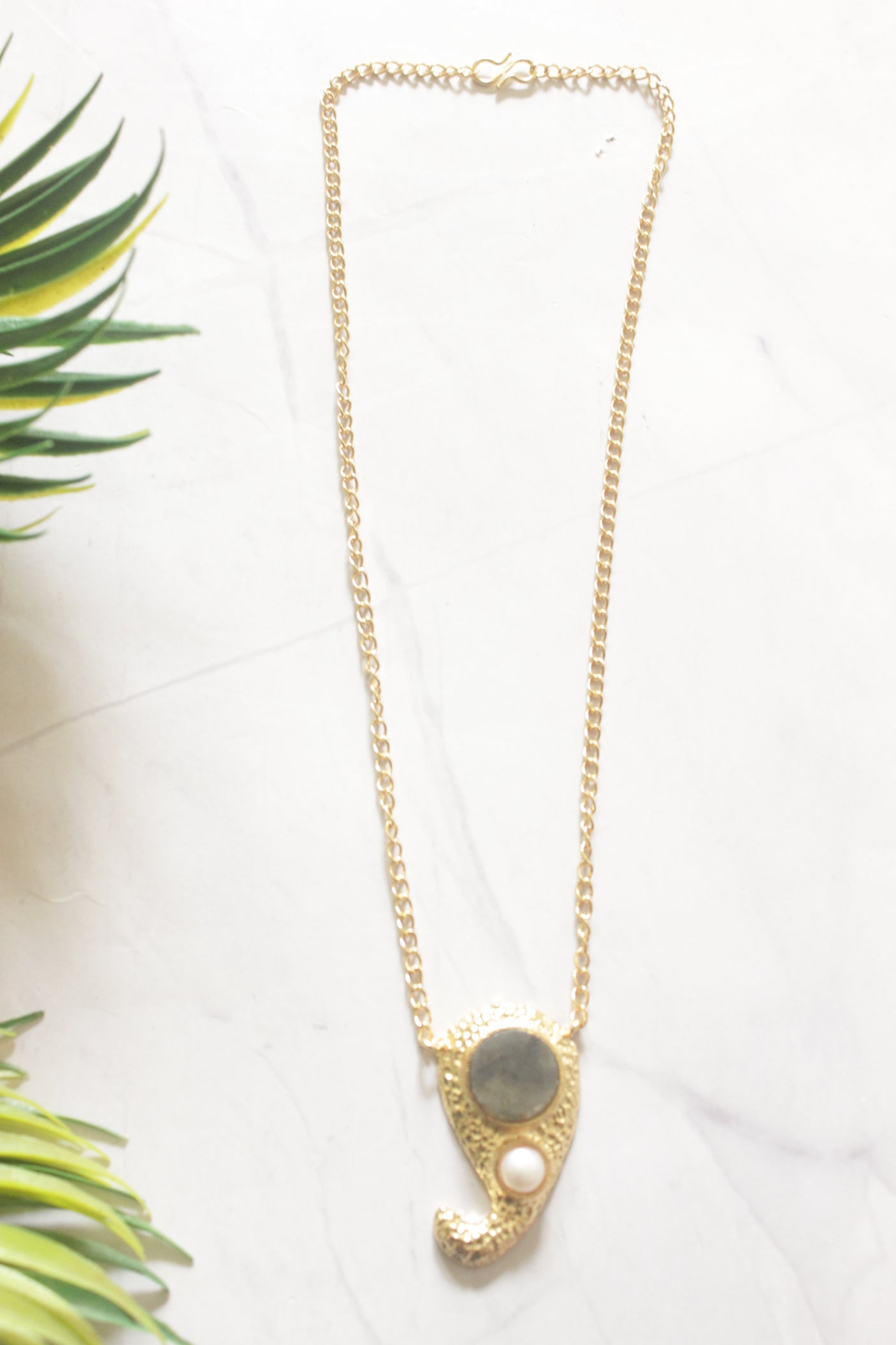 Labradorite & Pearl Gold Textured Pendant on Gold Chain Necklace