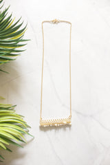 Gold Filigree Bar Pendant with Pearl Drops on Dainty Gold Chain Necklace