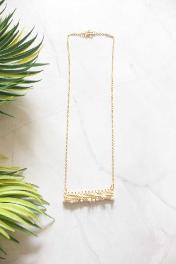 Gold Filigree Bar Pendant with Pearl Drops on Dainty Gold Chain Necklace