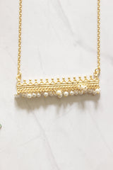 Gold Filigree Bar Pendant with Pearl Drops on Dainty Gold Chain Necklace