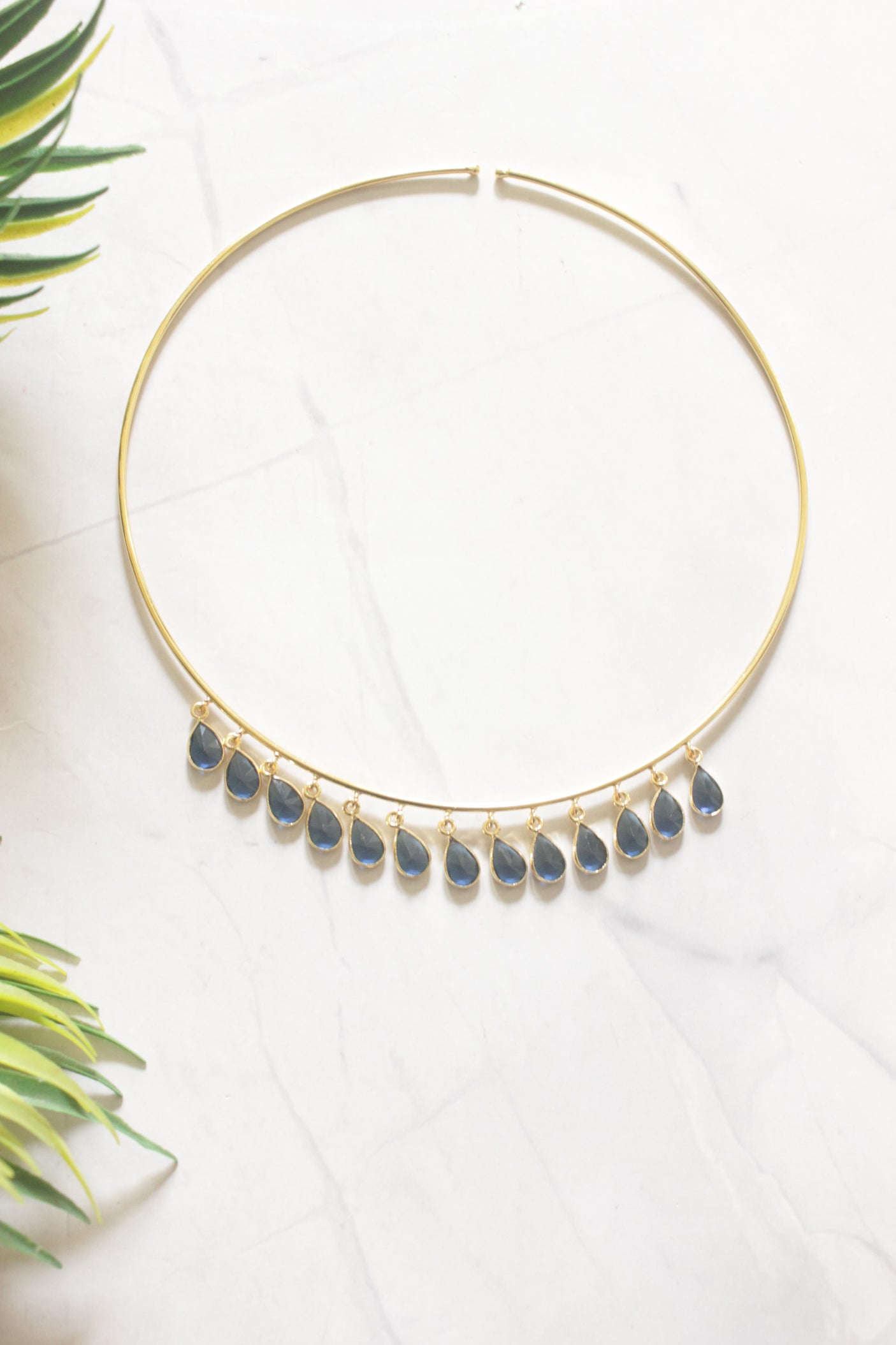Blue Sapphire Teardrop Crystal Charm Gold Wire Choker Necklace