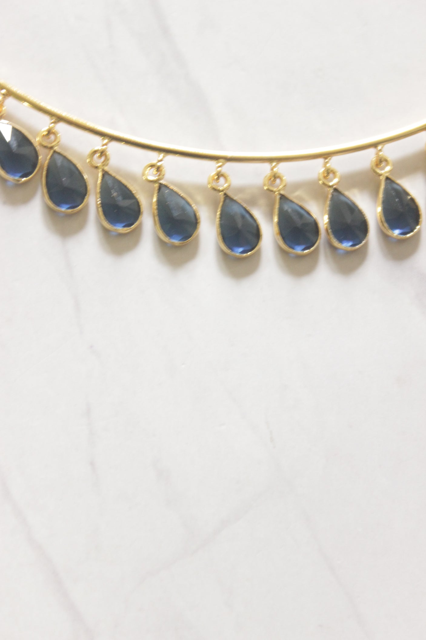 Blue Sapphire Teardrop Crystal Charm Gold Wire Choker Necklace