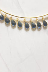 Blue Sapphire Teardrop Crystal Charm Gold Wire Choker Necklace