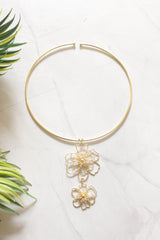 Gold Wire Filigree Double Flower Pendant Choker Necklace