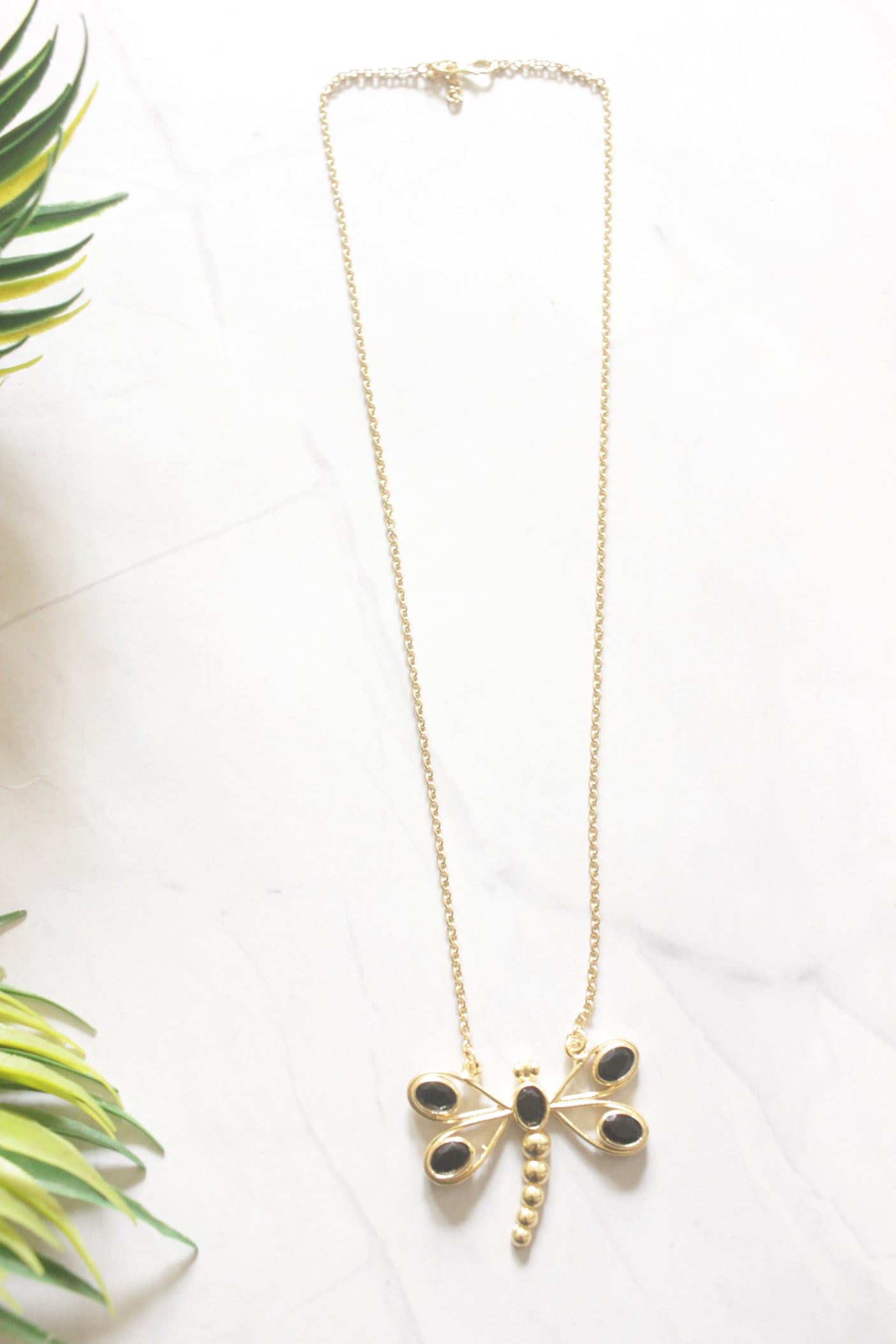 Black Onyx Dragonfly Pendant on Long Dainty Gold Chain Necklace